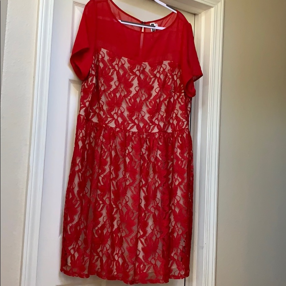 Red lace, nude lining, sheer top midi dress